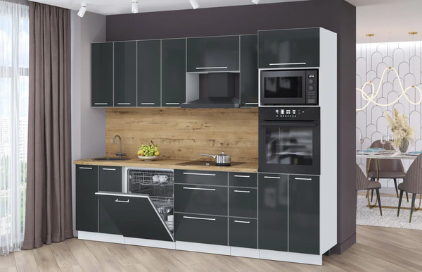 Изображение товара Кухонный гарнитур Interline Пластик 2.7-ПМ1 (антрацит глянец/антрацит глянец/дуб бунратти)