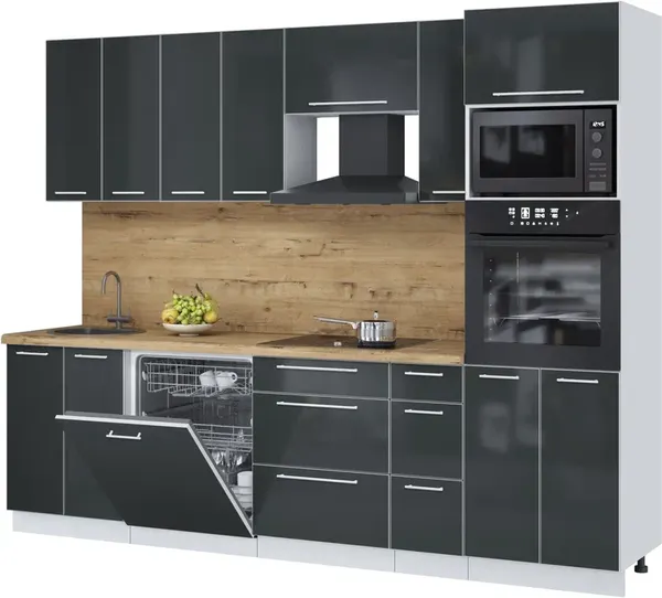 Изображение товара Кухонный гарнитур Interline Пластик 2.7-ПМ1 (антрацит глянец/антрацит глянец/дуб бунратти)