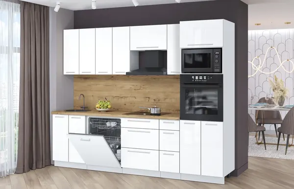 Изображение товара Кухонный гарнитур Interline Пластик 2.7-ПМ1  (белый глянец/белый глянец/дуб бунратти)