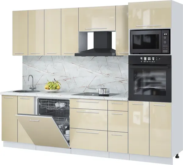 Изображение товара Кухонный гарнитур Interline Пластик 2.7-ПМ1  (ваниль глянец/ваниль глянец/серый каспий)