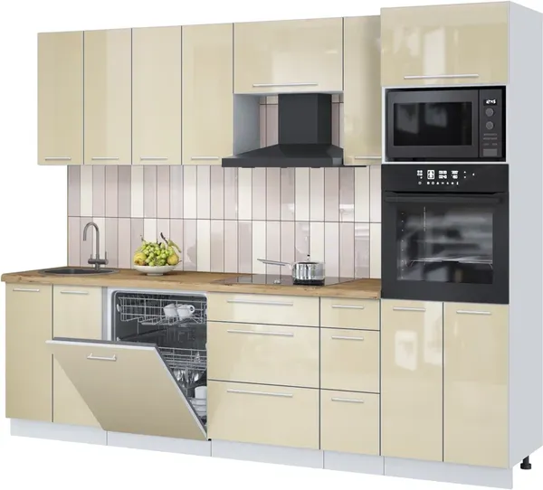 Изображение товара Кухонный гарнитур Interline Пластик 2.7-ПМ1 ( ваниль глянец/ваниль глянец/дуб бунратти)