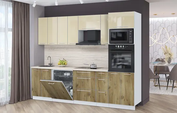 Изображение товара Кухонный гарнитур Interline Пластик 2.7-ПМ1  (дуб эпоксид/ваниль глянец/травертин серый)