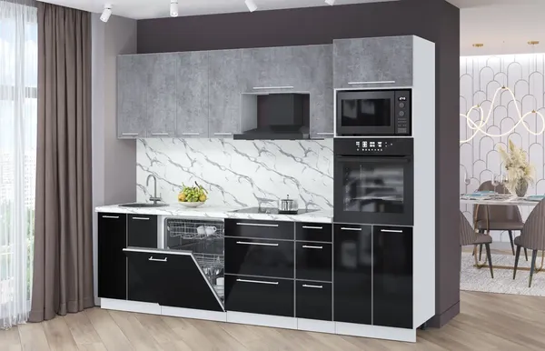 Изображение товара Кухонный гарнитур Interline Пластик 2.7-ПМ1  (черный глянец/оксид темный/белый гранит)