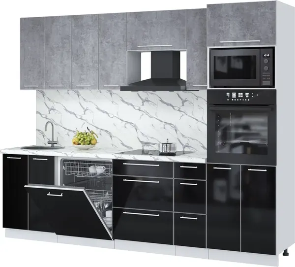 Изображение товара Кухонный гарнитур Interline Пластик 2.7-ПМ1  (черный глянец/оксид темный/белый гранит)