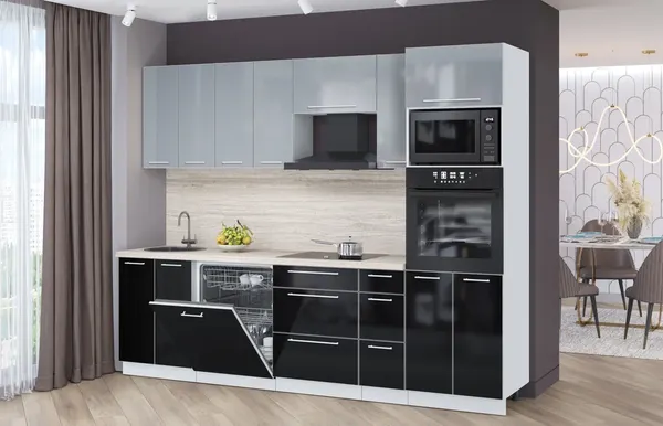 Изображение товара Кухонный гарнитур Interline Пластик 2.7-ПМ1  (черный глянец/туманный глянец/травертин серый)