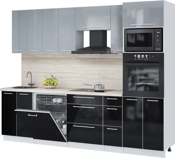 Изображение товара Кухонный гарнитур Interline Пластик 2.7-ПМ1  (черный глянец/туманный глянец/травертин серый)