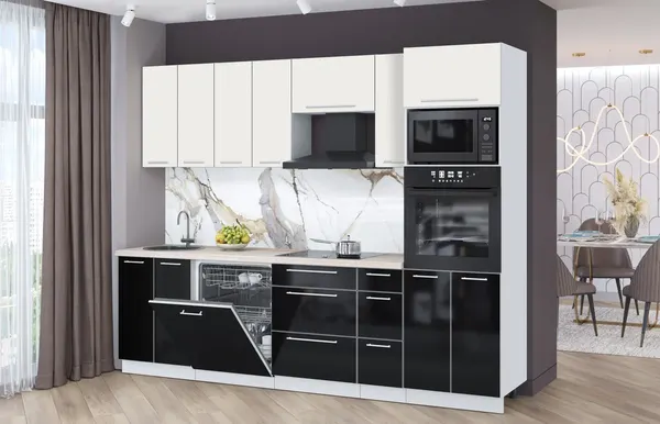 Изображение товара Кухонный гарнитур Interline Пластик 2.7-ПМ1  (черный глянец/зефирный/травертин серый)