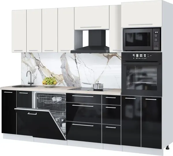 Изображение товара Кухонный гарнитур Interline Пластик 2.7-ПМ1  (черный глянец/зефирный/травертин серый)