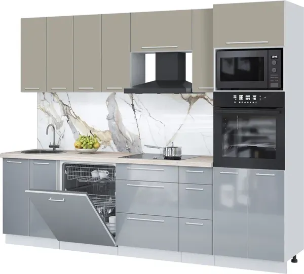 Изображение товара Кухонный гарнитур Interline Пластик 2.7-ПМ1 (туманный глянец/латте/травертин серый)