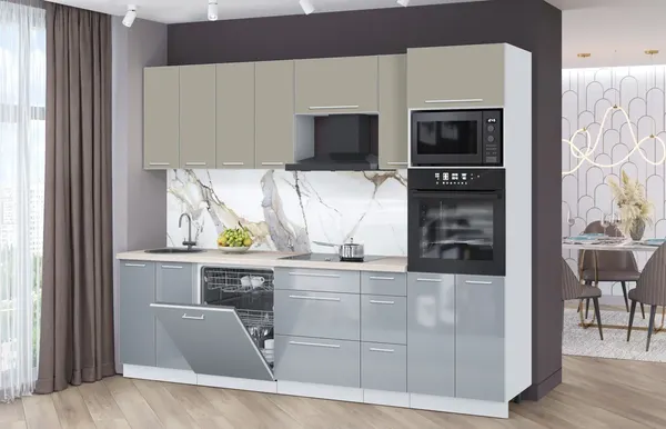 Изображение товара Кухонный гарнитур Interline Пластик 2.7-ПМ1 (туманный глянец/латте/травертин серый)