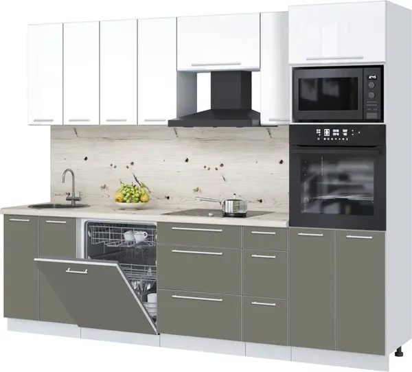 Изображение товара Кухонный гарнитур Interline Пластик 2.7-ПМ1  (белый глянец/кварцевый/бискайская сосна)