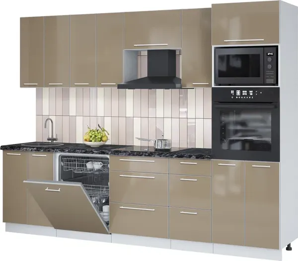 Изображение товара Кухонный гарнитур Interline Пластик 2.8-ПМ1  (капучино глянец/капучино глянец/кастилло темный)
