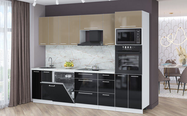 Изображение товара Кухонный гарнитур Interline Пластик 2.8-ПМ1  (черный глянец/капучино глянец/серый каспий)