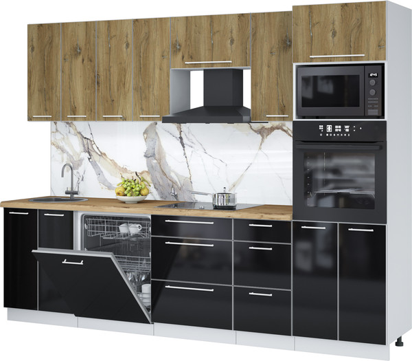 Изображение товара Кухонный гарнитур Interline Пластик 2.8-ПМ1  (черный глянец/дуб эпоксид/дуб бунратти)