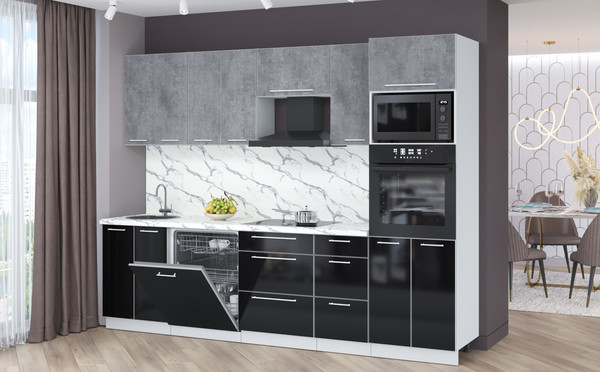 Изображение товара Кухонный гарнитур Interline Пластик 2.8-ПМ1 (черный глянец/оксид темный/белый гранит)