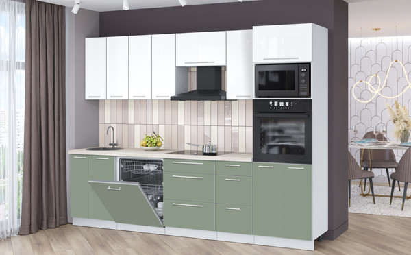 Изображение товара Кухонный гарнитур Interline Пластик 2.8-ПМ1  (полынь/белый глянец/травертин серый)