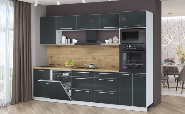 Изображение товара Кухонный гарнитур Interline Пластик 2.9-ПМ1 (антрацит глянец/антрацит глянец/дуб бунратти)