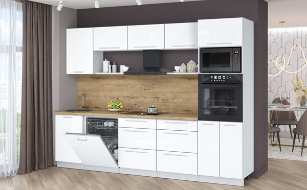 Изображение товара Кухонный гарнитур Interline Пластик 2.9-ПМ1  (белый глянец/белый глянец/дуб бунратти)