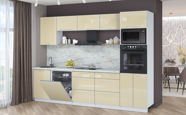 Изображение товара Кухонный гарнитур Interline Пластик 2.9-ПМ1  (ваниль глянец/ваниль глянец/серый каспий)