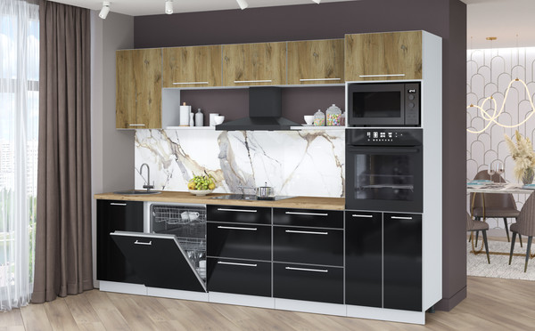 Изображение товара Кухонный гарнитур Interline Пластик 2.9-ПМ1 (черный глянец/дуб эпоксид/дуб бунратти)