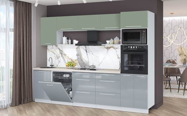 Изображение товара Кухонный гарнитур Interline Пластик 2.9-ПМ1  (туманный глянец/полынь/травертин серый)