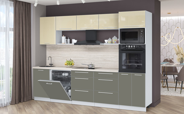 Изображение товара Кухонный гарнитур Interline Пластик 2.9-ПМ1 (кварцевый/ваниль глянец/травертин серый)