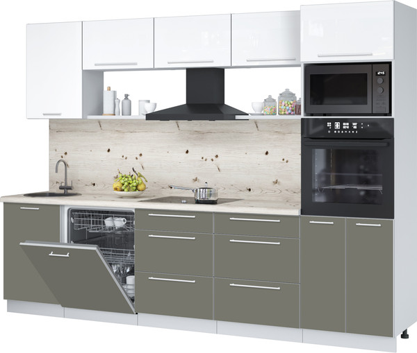 Изображение товара Кухонный гарнитур Interline Пластик 2.9-ПМ1  (белый глянец/кварцевый/бискайская сосна)