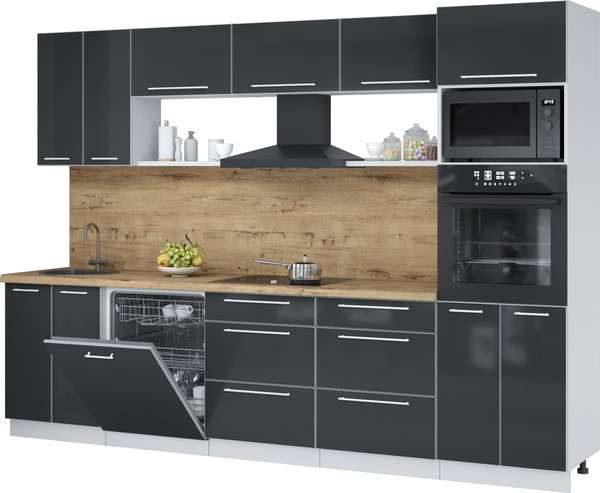 Изображение товара Кухонный гарнитур Interline Пластик 3.0-ПМ1  (антрацит глянец/антрацит глянец/дуб бунратти)