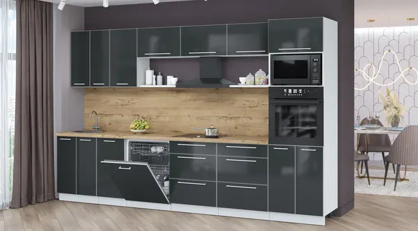 Изображение товара Кухонный гарнитур Interline Пластик 3.4-ПМ1-2  (антрацит глянец/антрацит глянец/дуб бунратти)