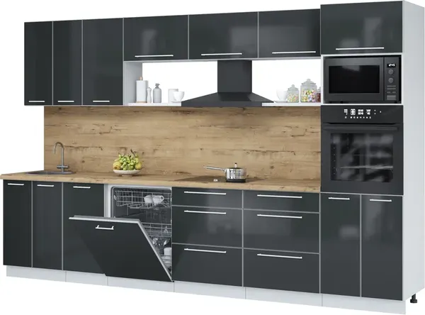 Изображение товара Кухонный гарнитур Interline Пластик 3.4-ПМ1-2  (антрацит глянец/антрацит глянец/дуб бунратти)