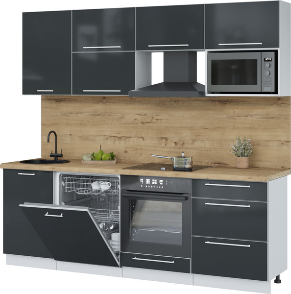 Изображение товара Кухонный гарнитур Interline Пластик 2.3-ПМ2  (антрацит глянец/антрацит глянец/дуб бунратти)