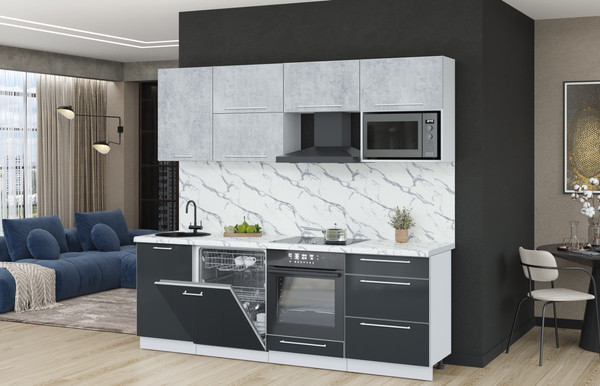 Изображение товара Кухонный гарнитур Interline Пластик 2.3-ПМ2 (антрацит глянец/оксид светлый/белый гранит)