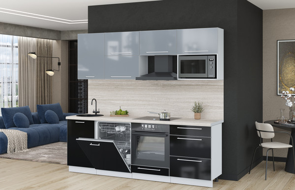 Изображение товара Кухонный гарнитур Interline Пластик 2.3-ПМ2  (черный глянец/туманный глянец/травертин серый)