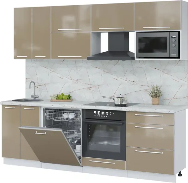 Изображение товара Кухонный гарнитур Interline Пластик 2.4-ПМ2  (капучино глянец/капучино глянец/серый каспий)