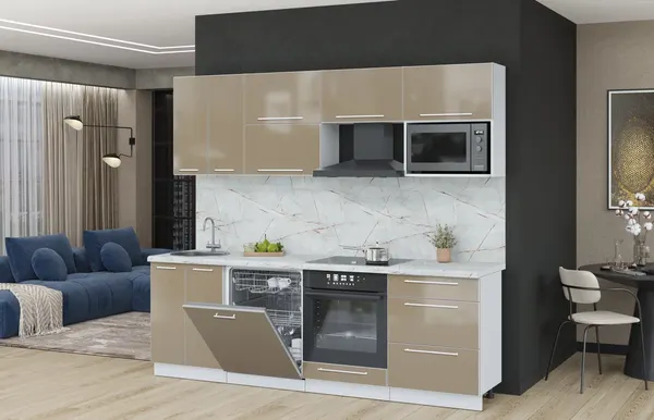 Изображение товара Кухонный гарнитур Interline Пластик 2.4-ПМ2  (капучино глянец/капучино глянец/серый каспий)