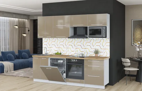 Изображение товара Кухонный гарнитур Interline Пластик 2.4-ПМ2  (капучино глянец/капучино глянец/дуб бунратти)