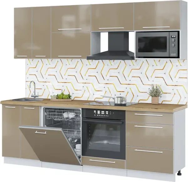 Изображение товара Кухонный гарнитур Interline Пластик 2.4-ПМ2  (капучино глянец/капучино глянец/дуб бунратти)