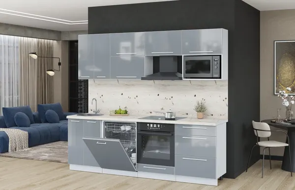 Изображение товара Кухонный гарнитур Interline Пластик 2.4-ПМ2  (туманный глянец/туманный глянец/бискайская сосна)