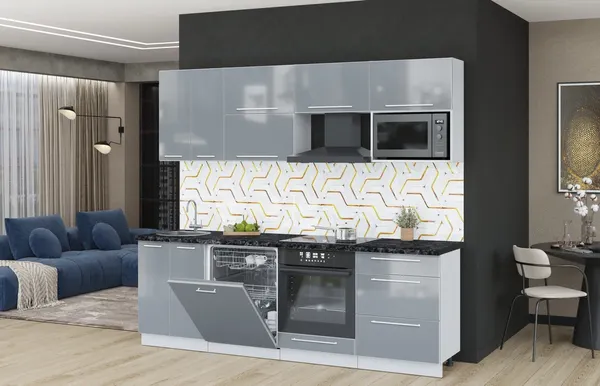 Изображение товара Кухонный гарнитур Interline Пластик 2.4-ПМ2  (туманный глянец/туманный глянец/кастилло темный)