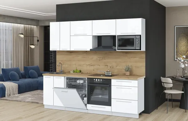 Изображение товара Кухонный гарнитур Interline Пластик 2.4-ПМ2  (белый глянец/белый глянец/дуб бунратти)