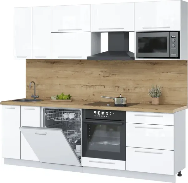 Изображение товара Кухонный гарнитур Interline Пластик 2.4-ПМ2  (белый глянец/белый глянец/дуб бунратти)