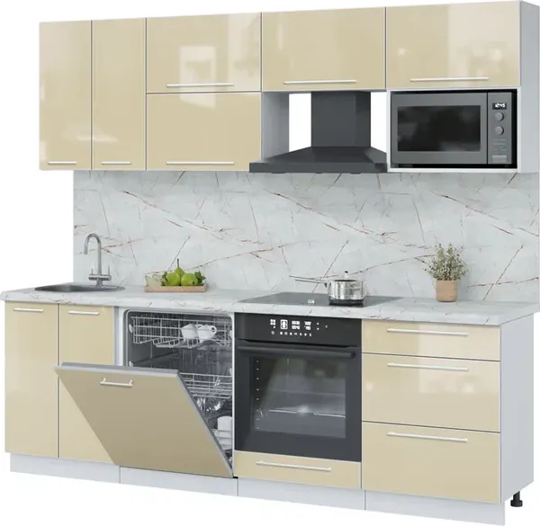 Изображение товара Кухонный гарнитур Interline Пластик 2.4-ПМ2  (ваниль глянец/ваниль глянец/серый каспий)