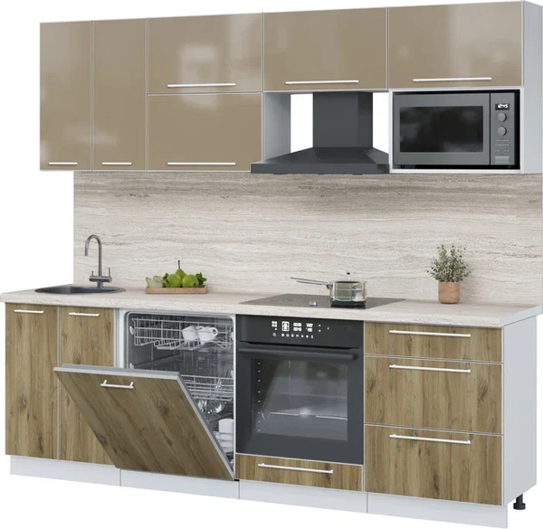 Изображение товара Кухонный гарнитур Interline Пластик 2.4-ПМ2  (дуб эпоксид/капучино глянец/травертин серый)