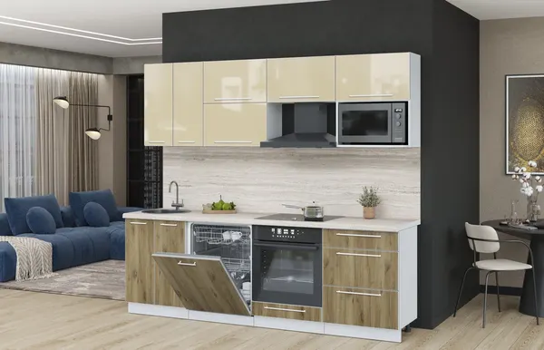 Изображение товара Кухонный гарнитур Interline Пластик 2.4-ПМ2  (дуб эпоксид/ваниль глянец/травертин серый)