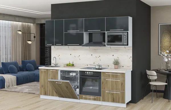 Изображение товара Кухонный гарнитур Interline Пластик 2.4-ПМ2  (дуб эпоксид/антрацит глянец/бискайская сосна)