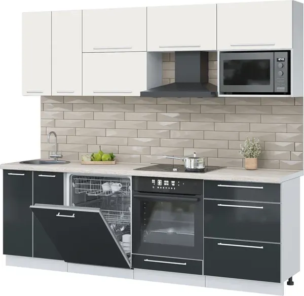 Изображение товара Кухонный гарнитур Interline Пластик 2.4-ПМ2  (антрацит глянец/зефирный/травертин серый)