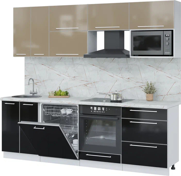Изображение товара Кухонный гарнитур Interline Пластик 2.4-ПМ2  (черный глянец/капучино глянец/серый каспий)