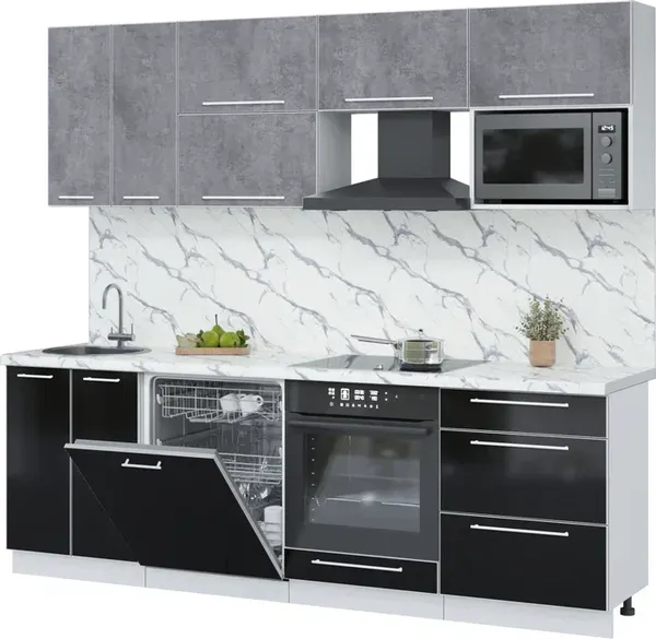Изображение товара Кухонный гарнитур Interline Пластик 2.4-ПМ2  (черный глянец/оксид темный/белый гранит)