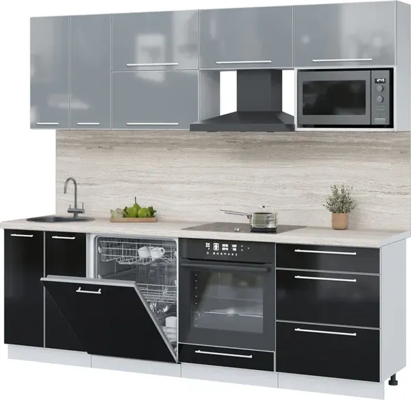 Изображение товара Кухонный гарнитур Interline Пластик 2.4-ПМ2  (черный глянец/туманный глянец/травертин серый)