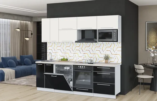 Изображение товара Кухонный гарнитур Interline Пластик 2.4-ПМ2  (черный глянец/зефирный/травертин серый)